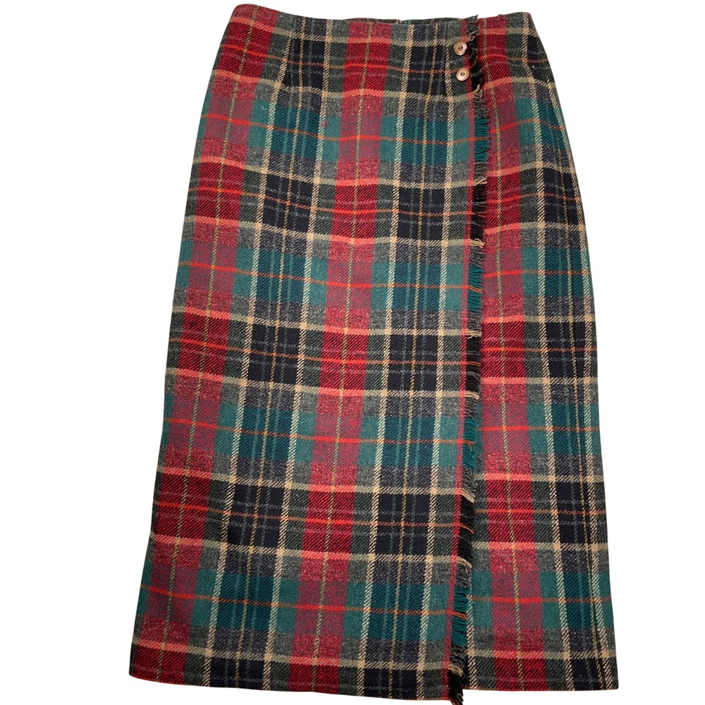 Talbots Skirt‎ Womens 14 Red Green Plaid Wrap Button Fringe Preppy Straight Wool